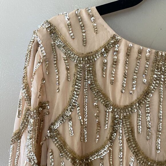 NBD Tristan Sequin Mini Dress Gold Nude Bow Back Revolve NWT $368 SZ L - Picture 15 of 15